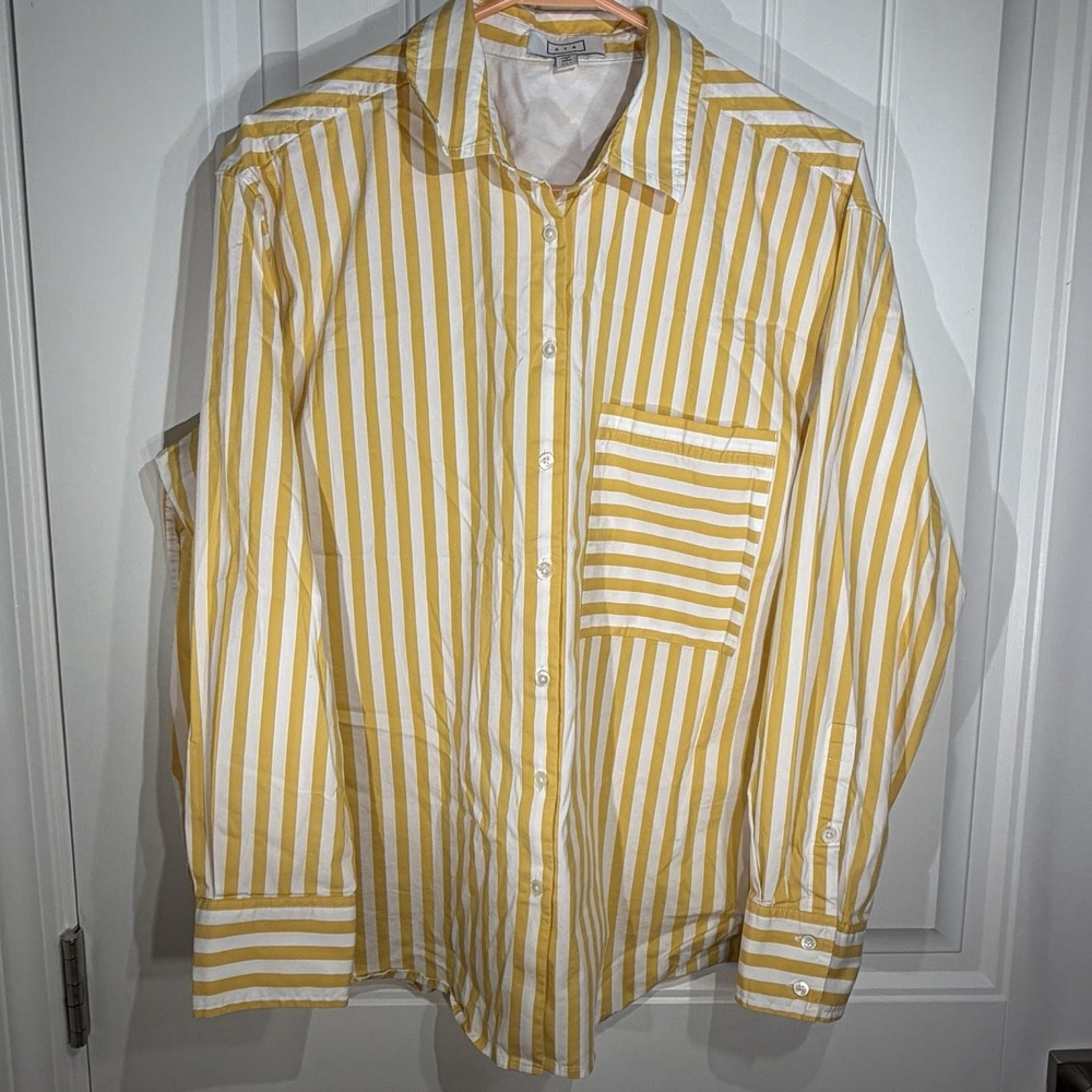 AYR Yellow White Striped Button Down‎ Shirt Women's Large Oversized Pocket Top